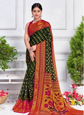 Woven Work Bottle Green and Rose Pink Contemporary Style Saree