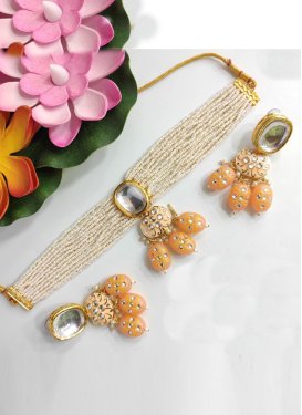 Unique Peach and White Moti Work Alloy Gold Rodium Polish Necklace Set