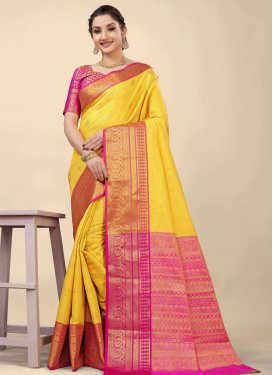 Woven Work Rose Pink and Yellow Designer Traditional Saree