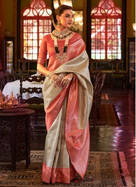 Kanjivaram Silk Beige and Tomato Woven Work Traditional Designer Saree