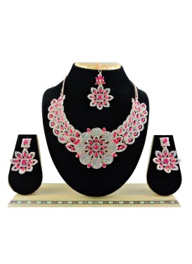 Glitzy Stone Work Rose Pink and White Gold Rodium Polish Necklace Set