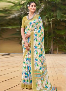 Faux Georgette Off White and Olive Designer Contemporary Saree For Casual