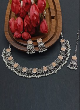 Pretty Peach and White Beads Work Oxidized Silver Rodium Polish Necklace Set