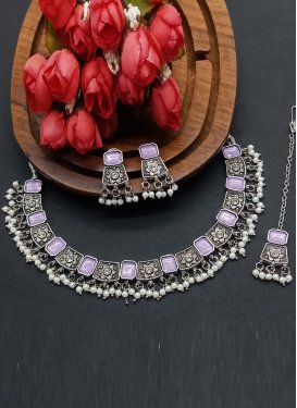 Attractive Silver Rodium Polish Beads Work Oxidized Necklace Set