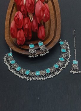 Divine Oxidized Beads Work Firozi and White Silver Rodium Polish Necklace Set