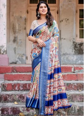 Digital Print Work Blue and Off White Trendy Classic Saree