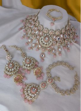Lordly Beads Work Pink and White Alloy Necklace Set