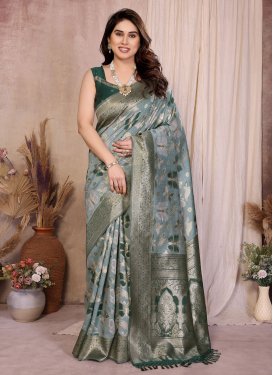 Cotton Silk Traditional Saree with Woven Work for Ceremonial in Green and Sea Green