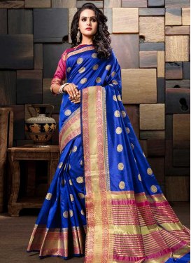 Cotton Silk Blue and Rose Pink Thread Work Contemporary Saree