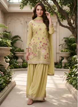 Embroidered Work Chinon Palazzo Suit in Yellow for Women