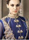 Trendy Navy Blue and Orange Embroidered Work Banglori Silk Asymmetrical Designer Salwar Suit - 2
