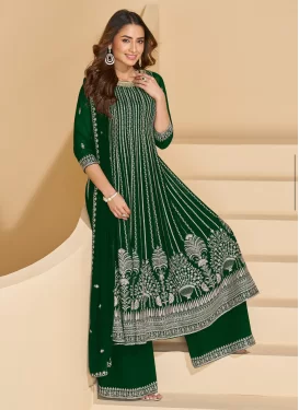 Embroidered Work Georgette Palazzo Suit in Bottle Green for Women