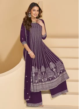 Purple Georgette Palazzo Suit with Embroidered Work for Festival