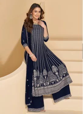 Embroidered Work Georgette Palazzo Suit in Navy Blue for Women