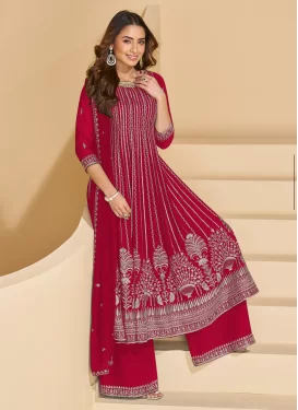 Embroidered Work Palazzo Suit For Festival in Red