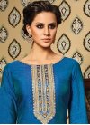 Impeccable Embroidered Work Blue and Off White Silk Kameez Style Lehenga Choli - 1