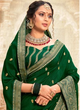 Embroidered Work Vichitra Silk Trendy Saree in Bottle Green for Women