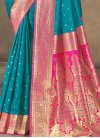 Rose Pink and Teal Silk Blend Designer Contemporary Style Saree - 1
