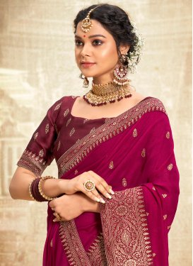 Vichitra Silk Traditional Saree with Embroidered Work for Casual in Fuchsia