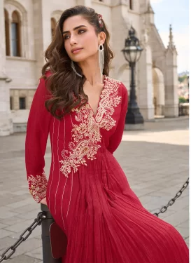 Crush Trendy Gown in Red with Embroidered Work for Festival