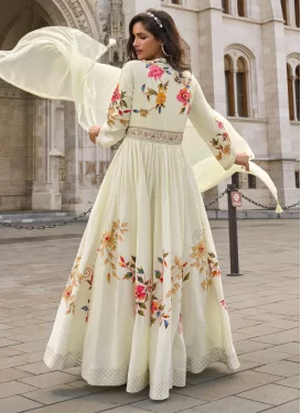 Crush Beads Work Trendy Gown in Cream