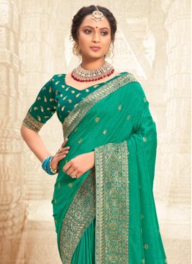 Sea Green Vichitra Silk Classic Saree with Embroidered Work for Casual