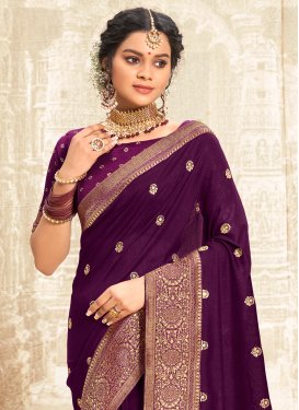 Vichitra Silk Traditional Saree in Purple with Embroidered Work for Casual