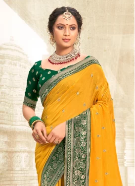 Vichitra Silk Trendy Saree with Embroidered Work for Women in Green and Mustard