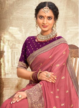 Vichitra Silk Traditional Saree in Salmon with Embroidered Work for Casual