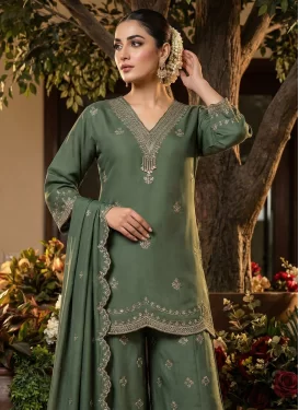 Silk Blend Palazzo Suit in Green with Embroidered Work for Festival