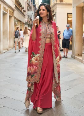 Crepe Silk Designer Suit with Embroidered Work in Rose Pink
