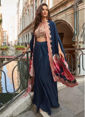 Crepe Silk Designer Suit with Embroidered Work for Women in Navy Blue