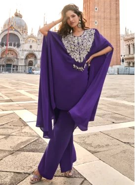 Crepe Silk Embroidered Work Palazzo Suit in Purple