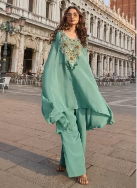 Crepe Silk Palazzo Suit with Embroidered Work for Festival in Aqua Blue