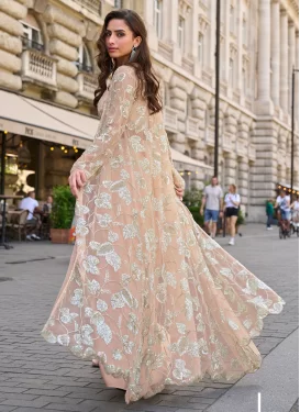 Crepe Silk Designer Suit in Peach with Cutdana Work for Festival