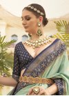 Navy Blue and Turquoise Print Work Designer Contemporary Style Saree - 1