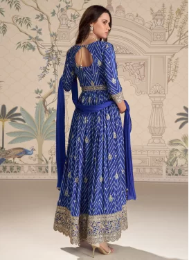 Chinon Readymade Salwar Suit with Bandhani Print Work in Blue for Festival