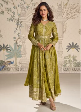 Bandhani Print Work Readymade Salwar Suit For Festival in Olive