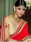 Lustrous Beads Work Beige and Red Fancy Fabric Half N Half Trendy Saree For Festival - 1