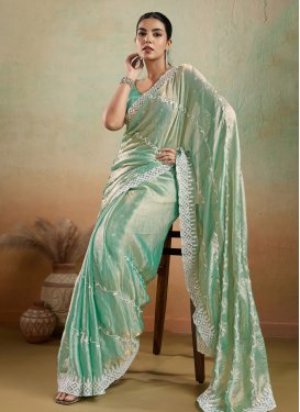 Aqua Blue Fancy Fabric Traditional Saree with Embroidered Work for Ceremonial