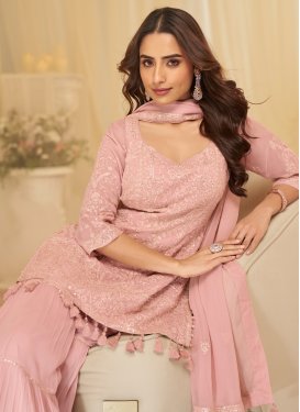 Pink Georgette Sharara Suit with Embroidered Work for Party
