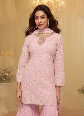 Embroidered Work Georgette Sharara Suit in Pink for Women
