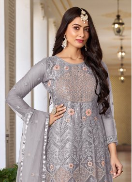 slim fit dress slacks Grey Embroidered Georgette Anarkali Suit  Meena Bazaar