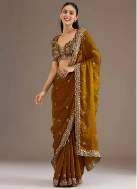 Tissue Classic Saree with Embroidered Work for Ceremonial in Mustard