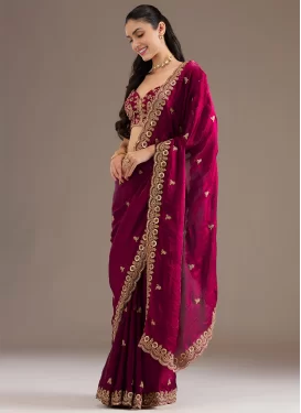 Tissue Classic Saree with Embroidered Work for Women in Crimson