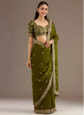 Tissue Traditional Saree with Embroidered Work in Olive