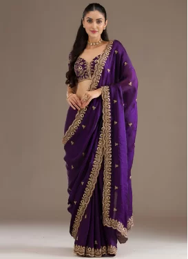Tissue Embroidered Work Traditional Saree in Purple