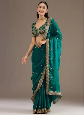 Embroidered Work Tissue Trendy Saree in Sea Green for Women