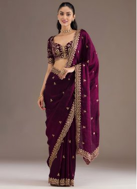 Tissue Trendy Saree with Embroidered Work for Festival in Wine