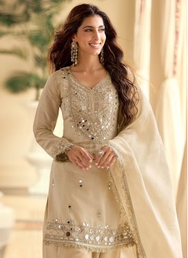 Shimmer Straight Suit with Embroidered Work for Festival in Cream